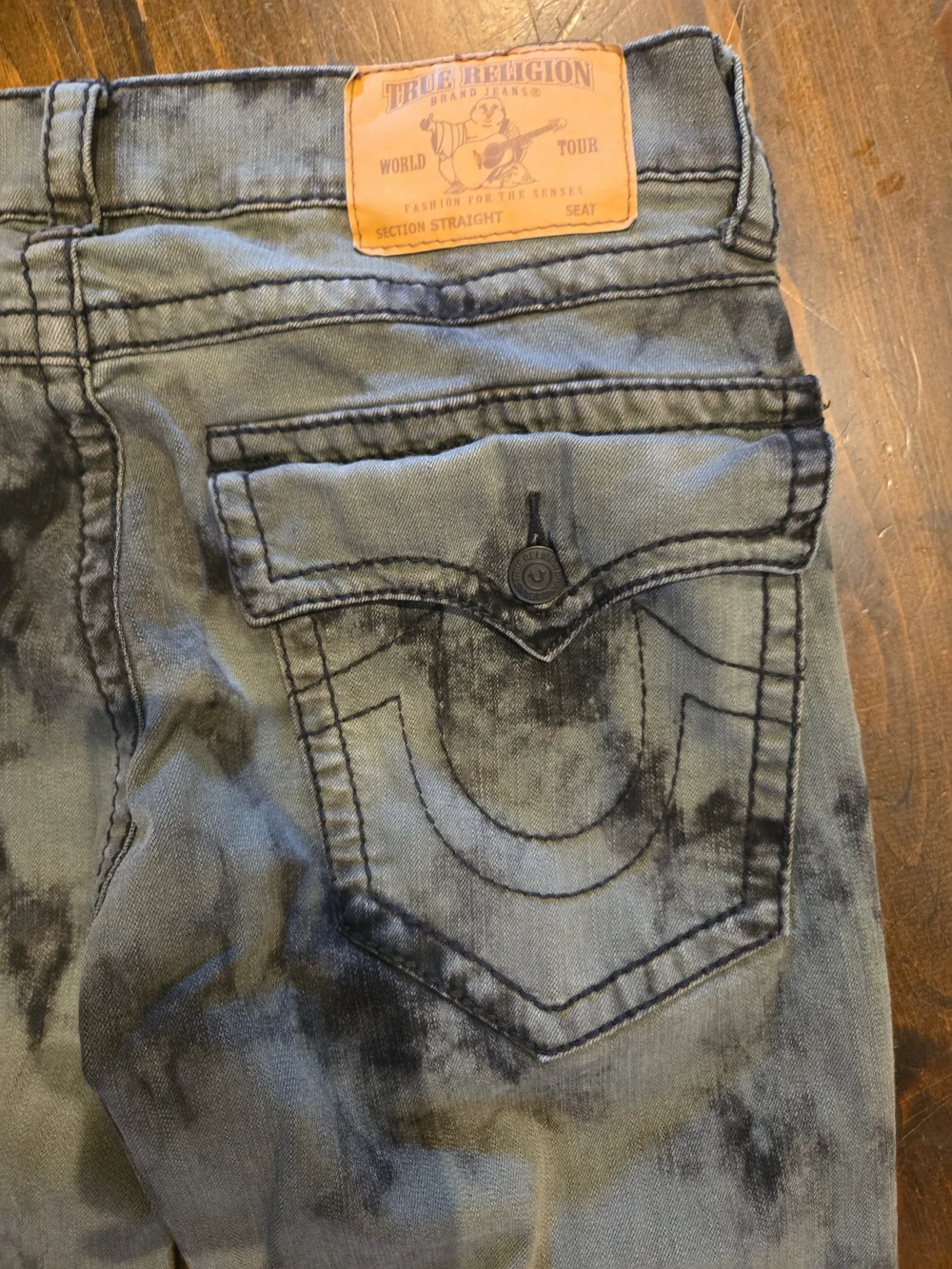 True Religion Ricky Straight Big T Jeans 34 Green Black Acid Wash Flap Pocket